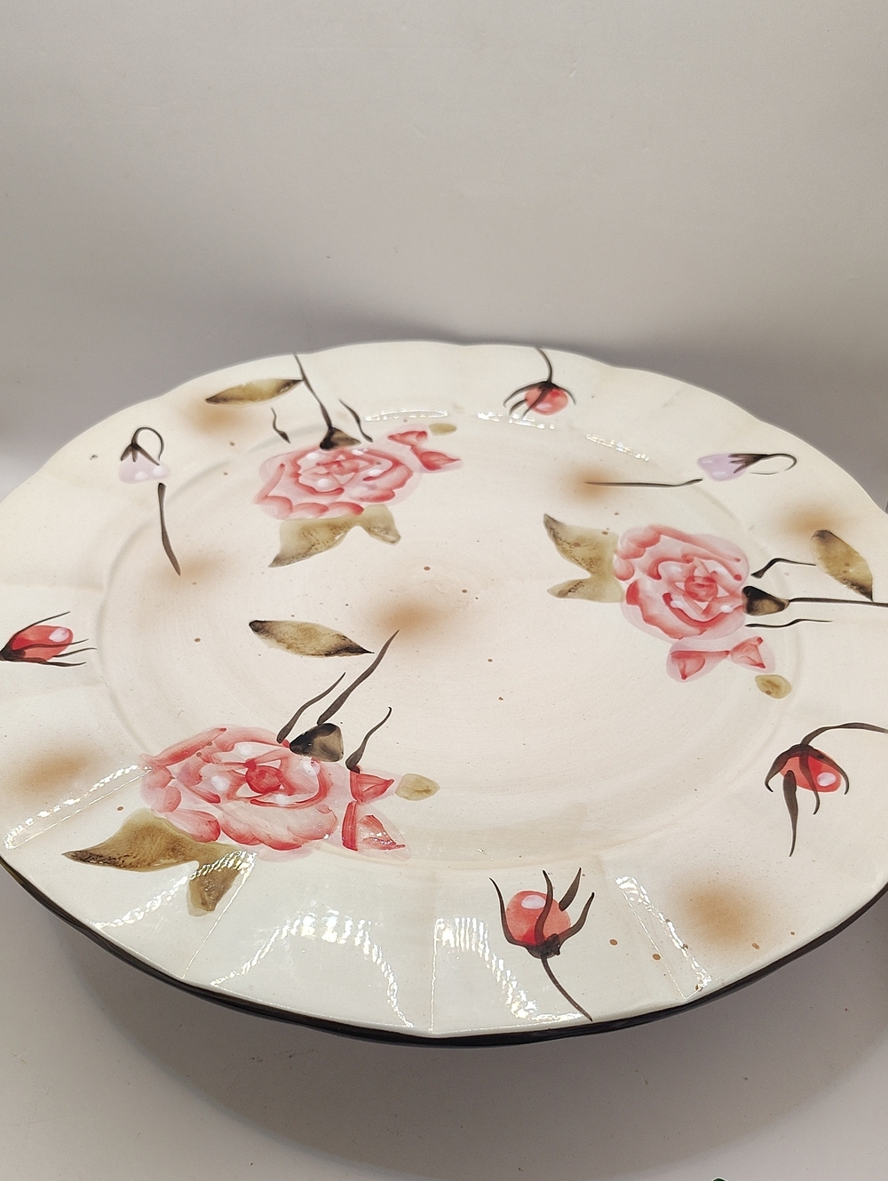 Vintage Hand-Painted Floral Ceramic Cake / Desert Plate - Pink Rose Design 12"